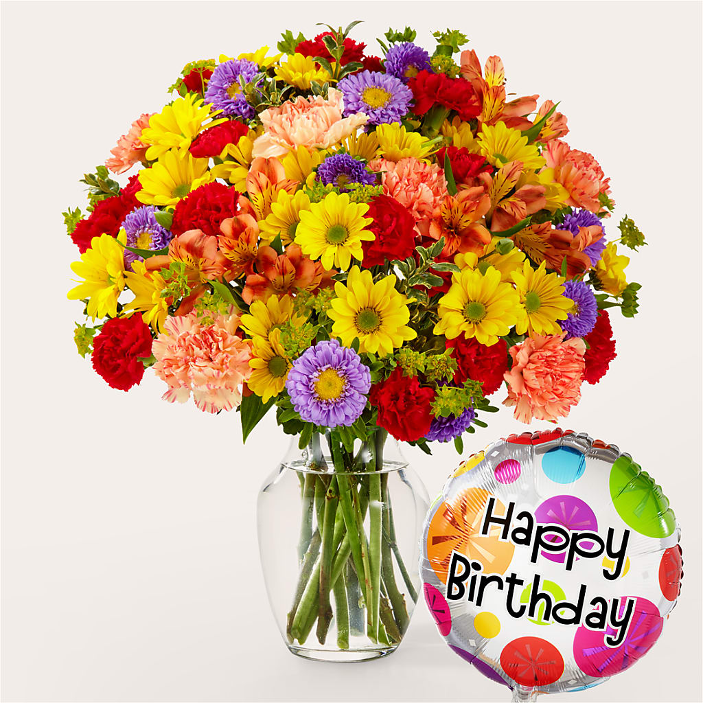 Kaleidoscope Bouquet with Birthday Balloon – Nayitas Rva Flowers, Richmond VA