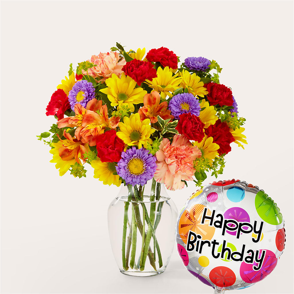 Kaleidoscope Bouquet with Birthday Balloon – Nayitas Rva Flowers, Richmond VA