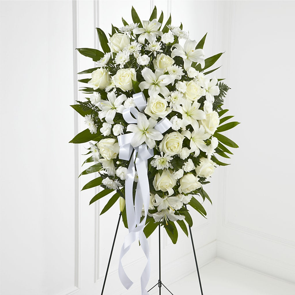 Exquisite Tribute Standing Spray-White Ribbon – Nayitas Rva Flowers, Richmond VA